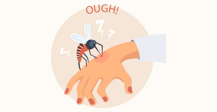 Ilustração de um mosquito-da-dengue picando uma mão humana.