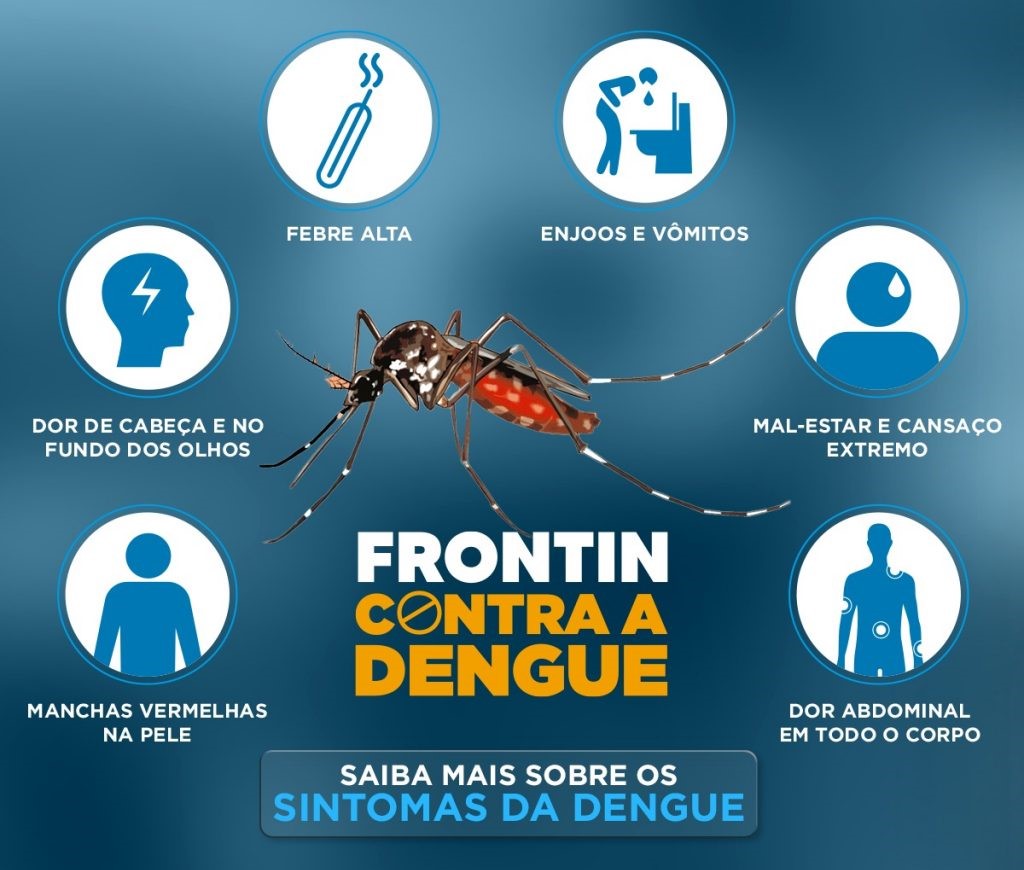 Pequeno mapa mental sobre os sintomas da dengue, como febre alta, dor de cabeça, manchas vermelhas na pele, vômitos de enjoos, mal-estar e dores no corpo.